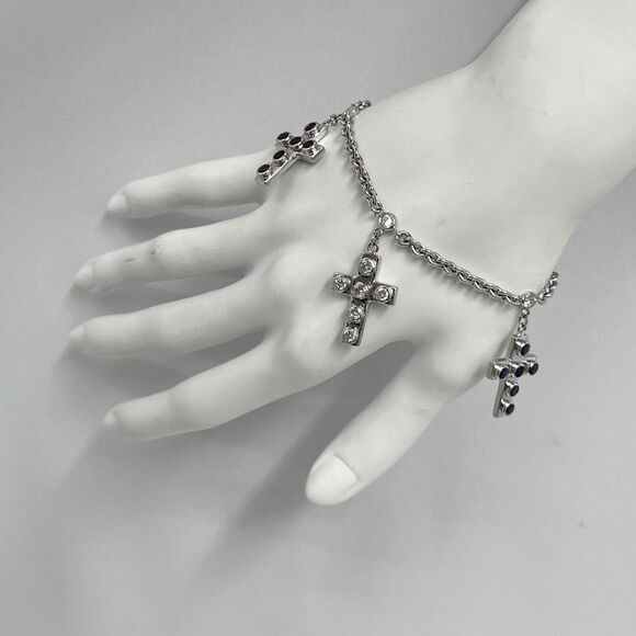 Jewelry - Vintage 14K White Gold Cross Charm‎ Bracelet Diamonds Rubies Sapphires 22 Grams